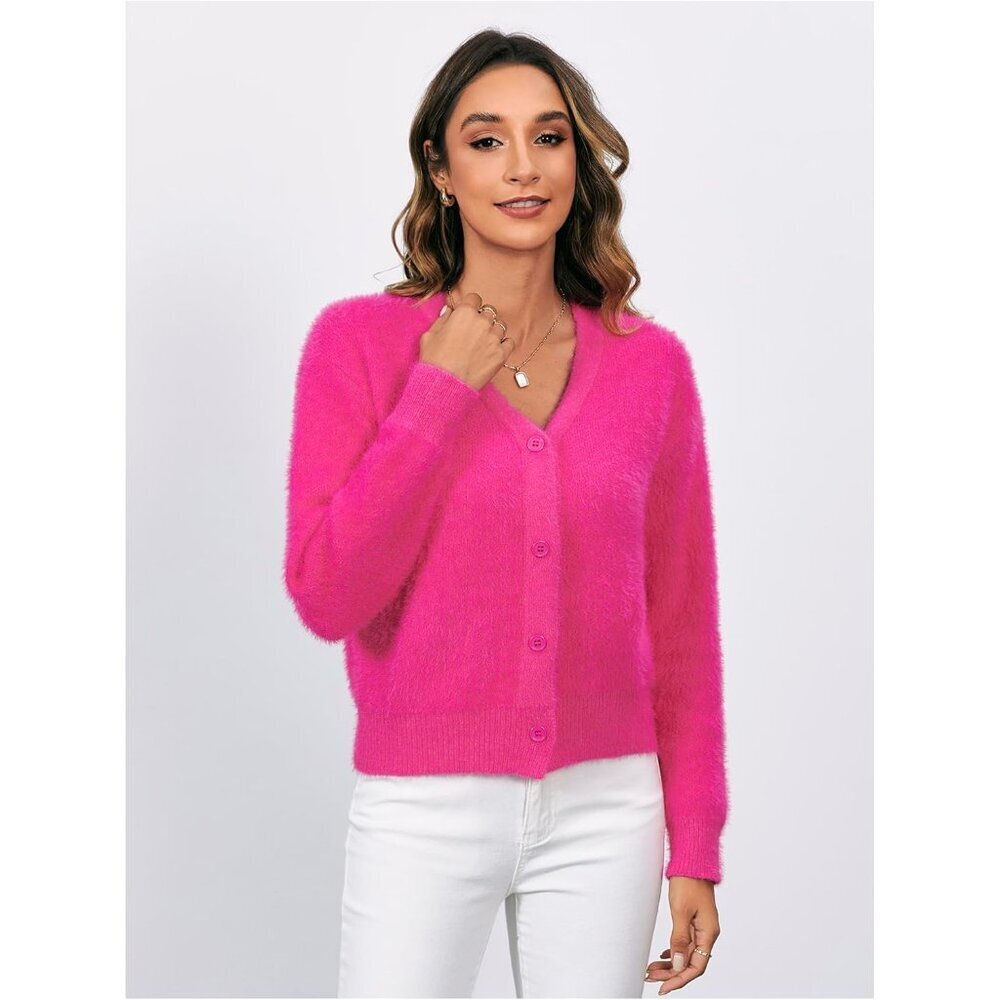 Women's Fuzzy Acrylic V Neck Button Down Long Sleeve Crop Cardigan - Picture 5 of 6